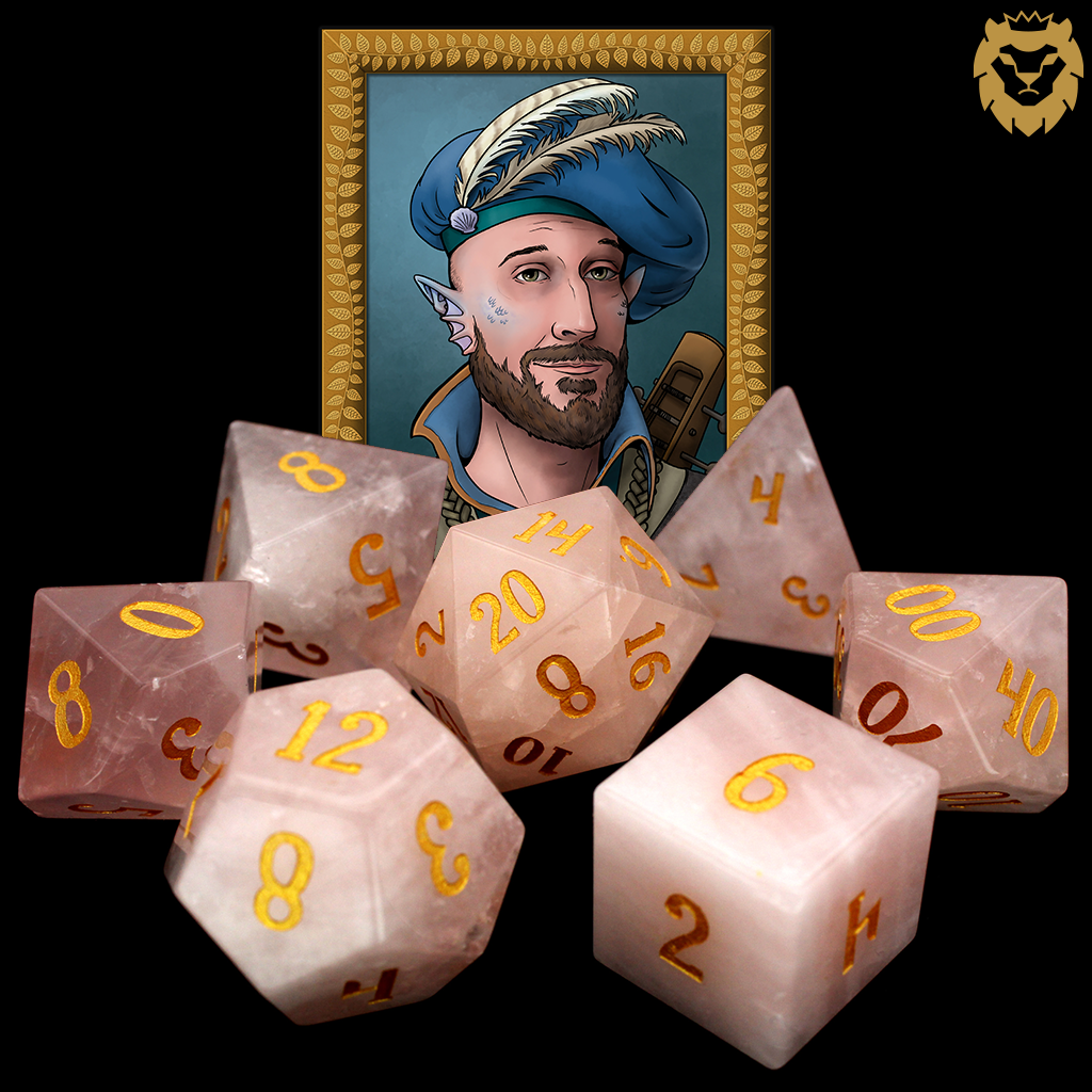 La Vie En Rose is a 7-piece set of rose quartz dice with gold numbering.