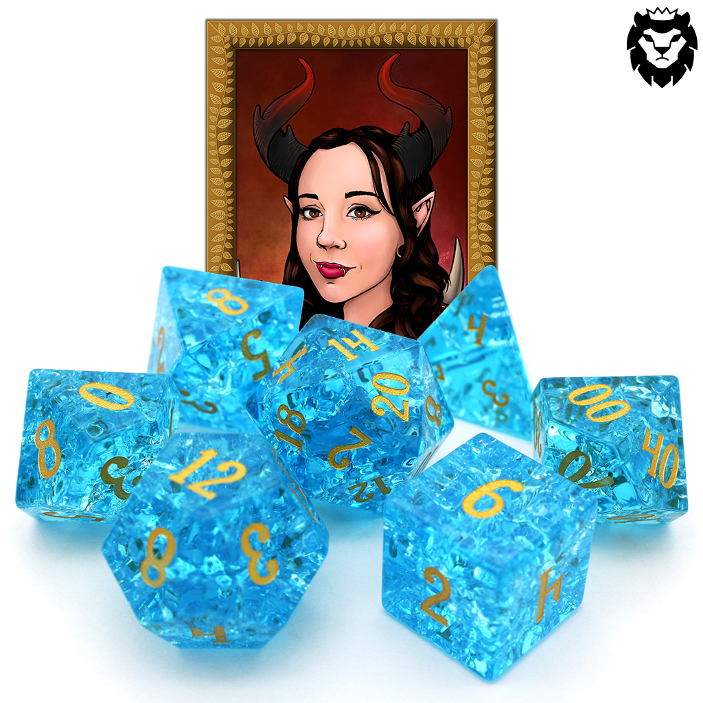 Pool Party is a 7-piece set of teal blue glass dice with a crackle effect and gold inked numbers.