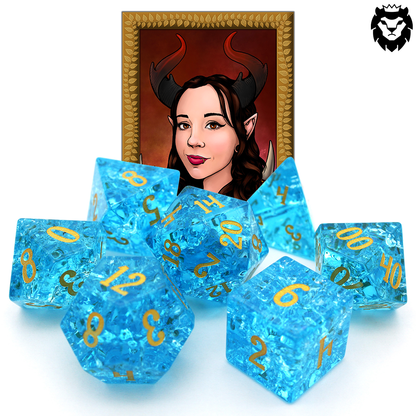 Pool Party is a 7-piece set of teal blue glass dice with a crackle effect and gold inked numbers.