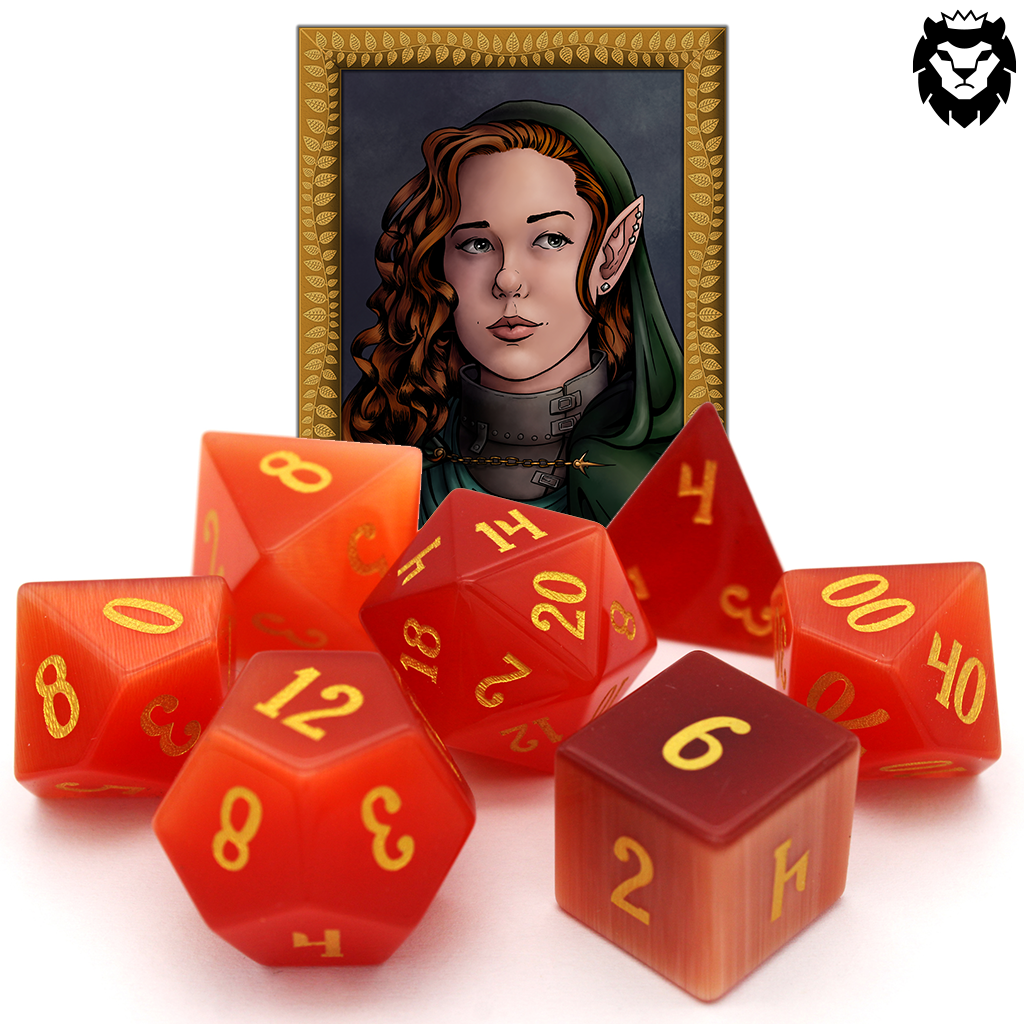 Pyromancer is a 7-piece set of orange cat's eye glass dice with gold numbering.