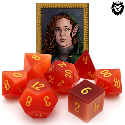 Pyromancer is a 7-piece set of orange cat's eye glass dice with gold numbering.