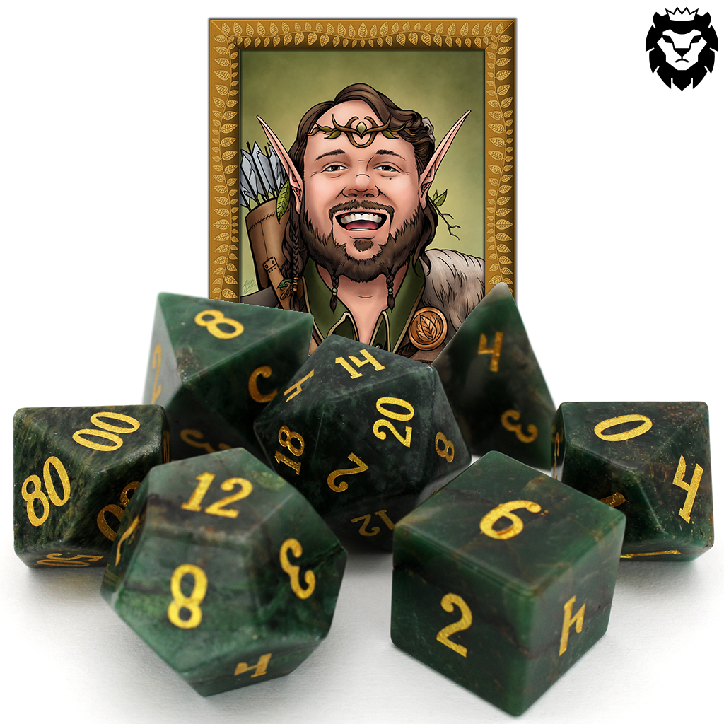 Ranger Danger is a 7-piece set of green stone dice with gold ink numbering.