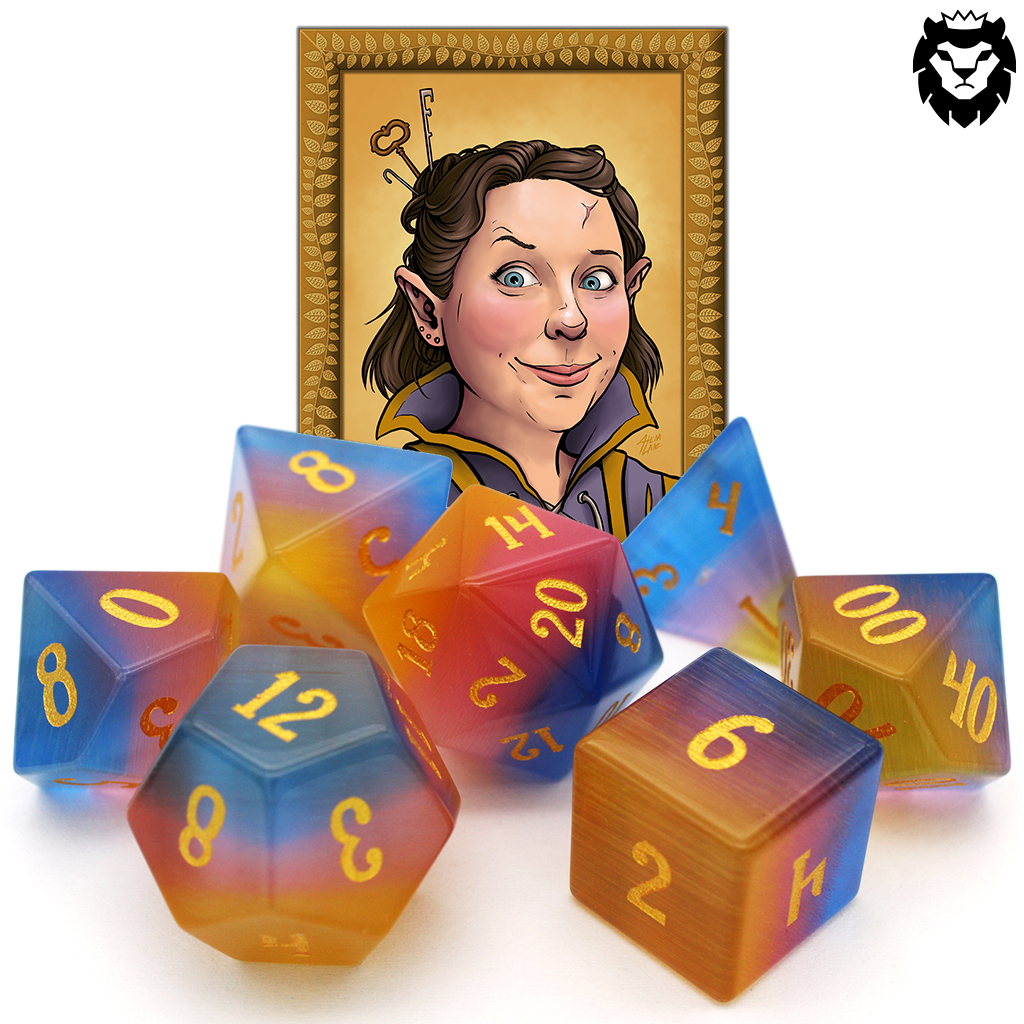 Sparkle Horse is a 7-piece set of blue, yellow, and pink glass dice with gold inked numbering.