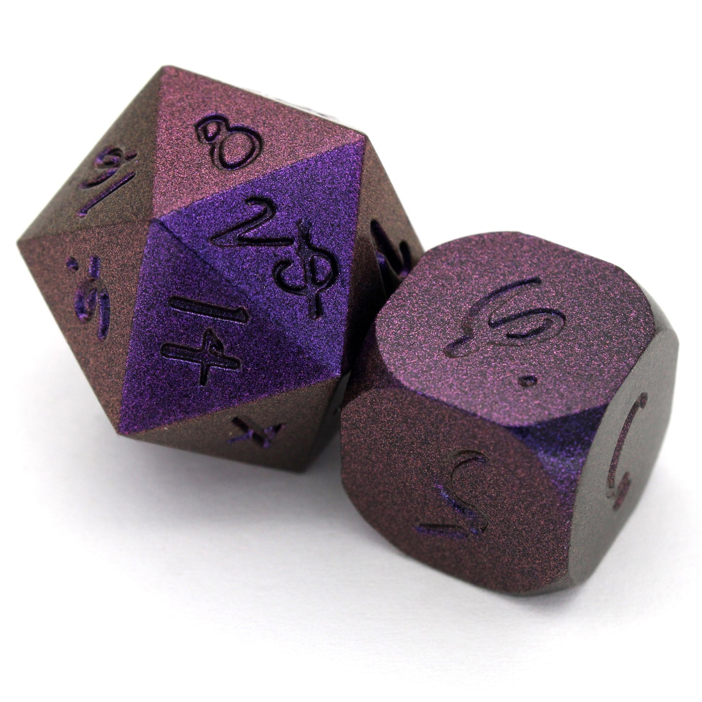 Mage Hand Arcane Trickster is a 7-piece, purple metal set featuring Aabria Iyengar's handwritten numbers.
