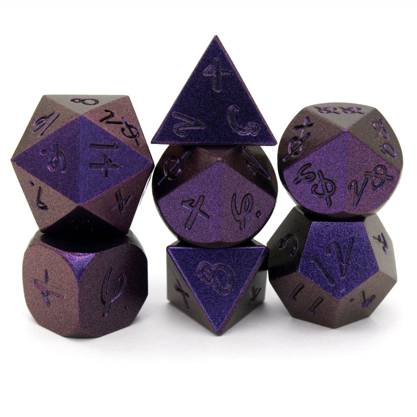 Mage Hand Arcane Trickster is a 7-piece, purple metal set featuring Aabria Iyengar's handwritten numbers.