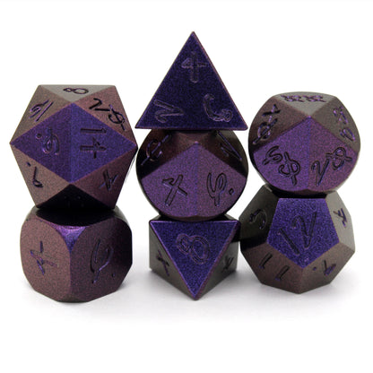 Mage Hand Arcane Trickster is a 7-piece, purple metal set featuring Aabria Iyengar's handwritten numbers.