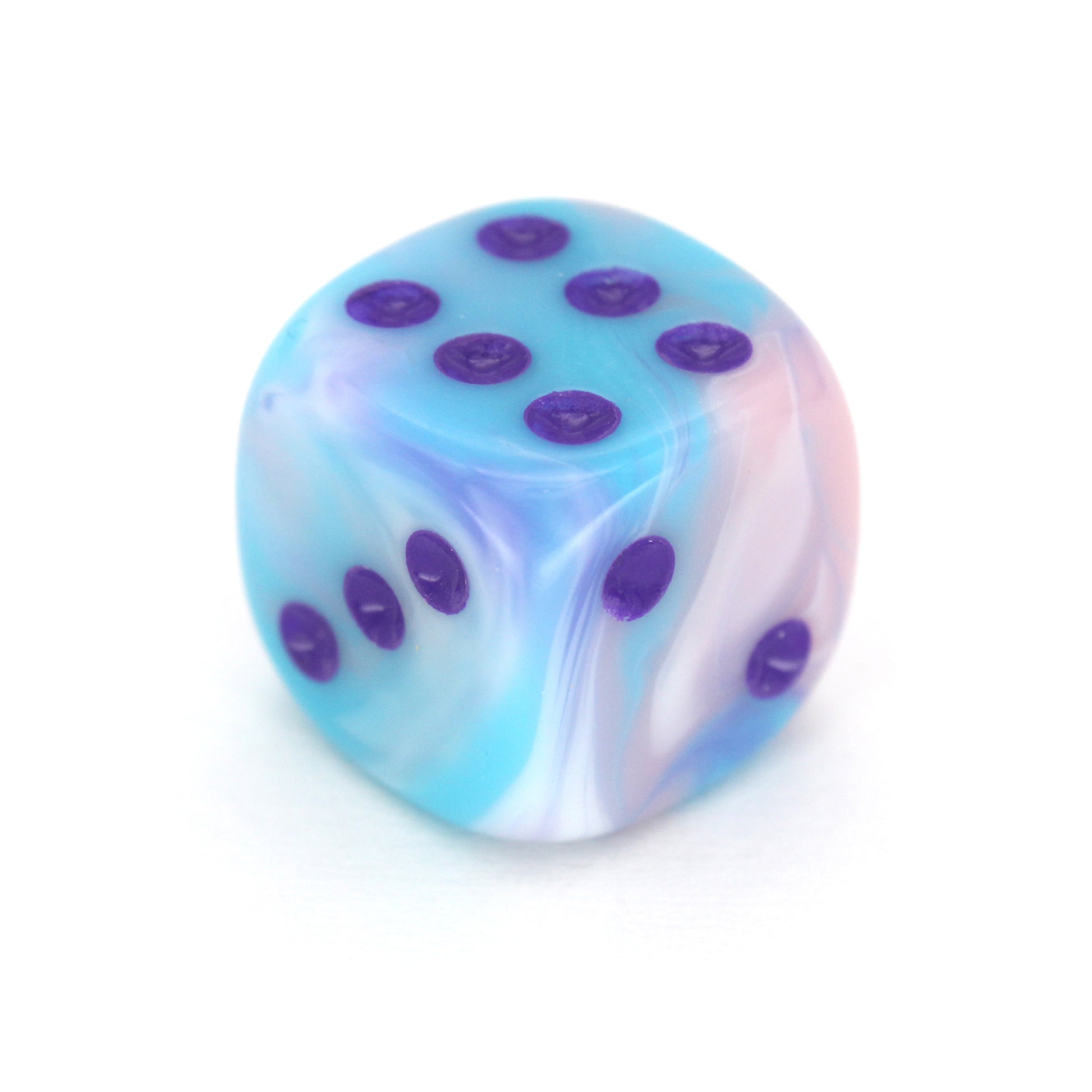 Accursed Confections is a 10-piece set of swirled acrylic 12mm d6 in sugary blue, pink, purple, and white with dark purple ink.
