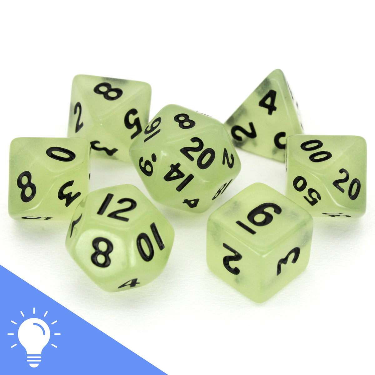 Acid Rain (Glow-in-the-Dark) is a 7-piece 13mm semi-opaque resin dice set, inked in black.