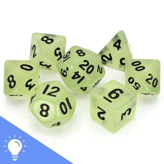 Acid Rain (Glow-in-the-Dark) is a 7-piece 13mm semi-opaque resin dice set, inked in black.