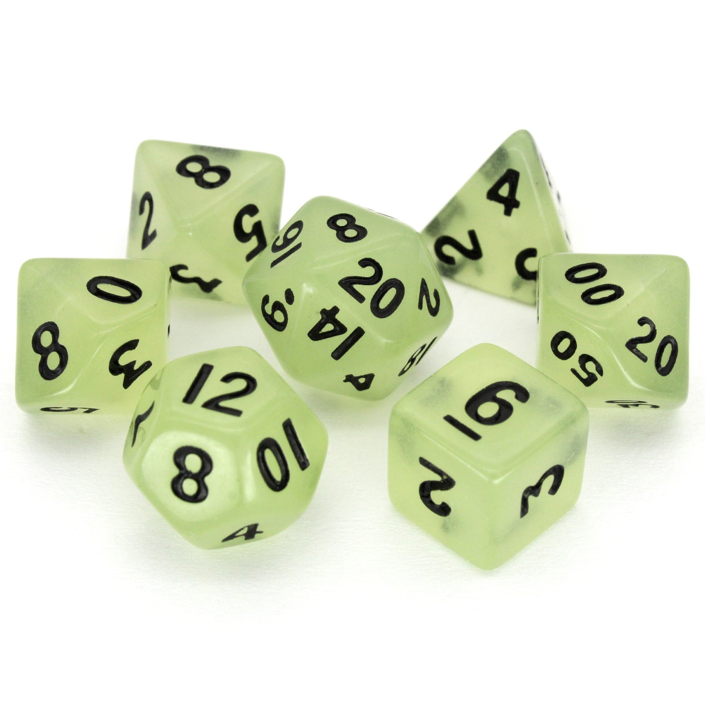 Acid Rain is a 7-piece 13mm semi-opaque resin dice set, inked in black.