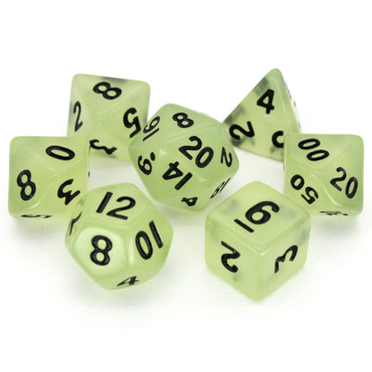 Acid Rain is a 7-piece 13mm semi-opaque resin dice set, inked in black.