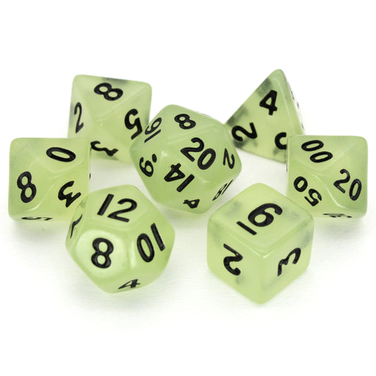 Acid Rain is a 7-piece 13mm semi-opaque resin dice set, inked in black.