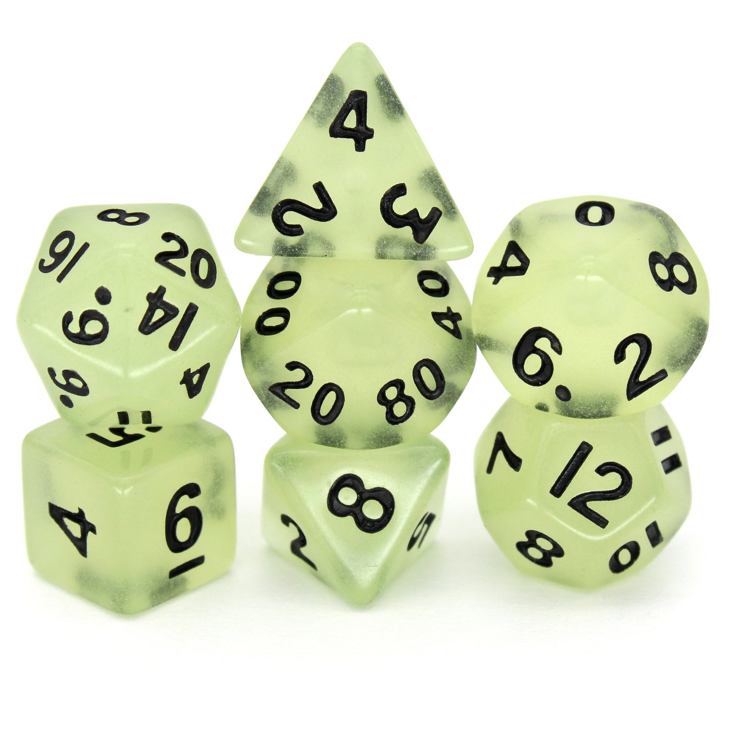 Acid Rain is a 7-piece 13mm semi-opaque resin dice set, inked in black.