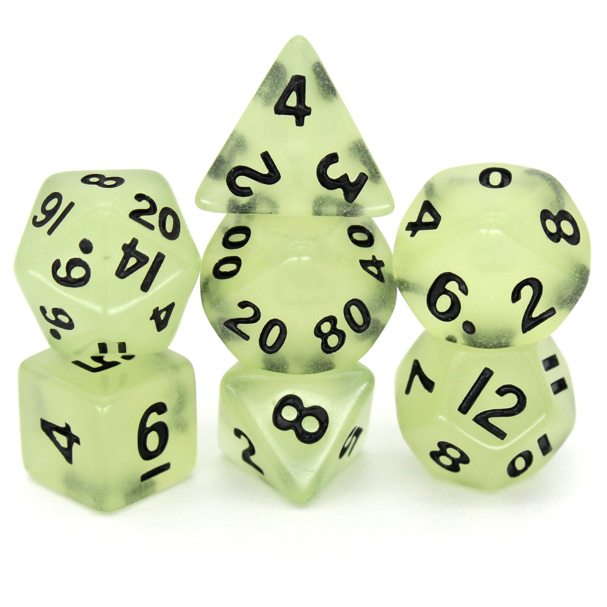 Acid Rain is a 7-piece 13mm semi-opaque resin dice set, inked in black.