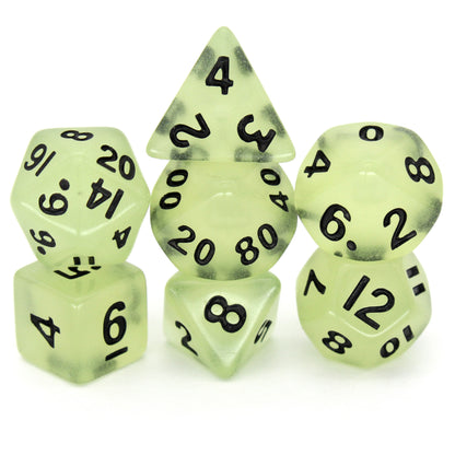 Acid Rain is a 7-piece 13mm semi-opaque resin dice set, inked in black.