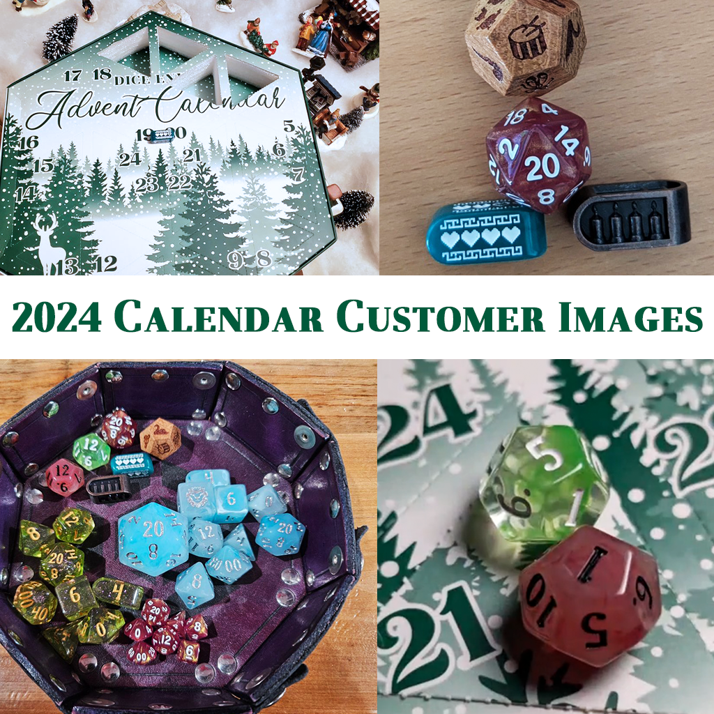 Each Dice Envy Advent Calendar is a 14" wide perforated calendar with over 30 exclusive TTRPG dice, including full sets and single dice! There are two calendar variations for 2025, and each variation contains the same dice, so if you get two they will match. The perfect gift for the dice goblin in your life! Does not include trees or snowmen.