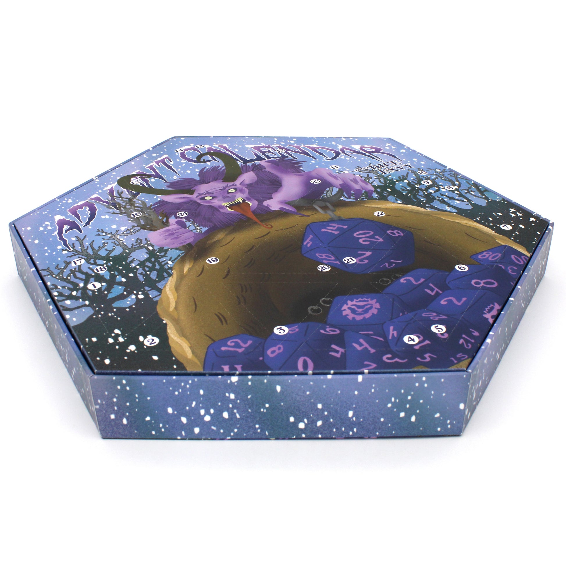 Each Dice Envy Advent Calendar is a 14" wide perforated calendar with over 30 exclusive TTRPG dice, including full sets and single dice! There are two calendar variations for 2025, and each variation contains the same dice, so if you get two they will match. The perfect gift for the dice goblin in your life! Does not include trees or snowmen.