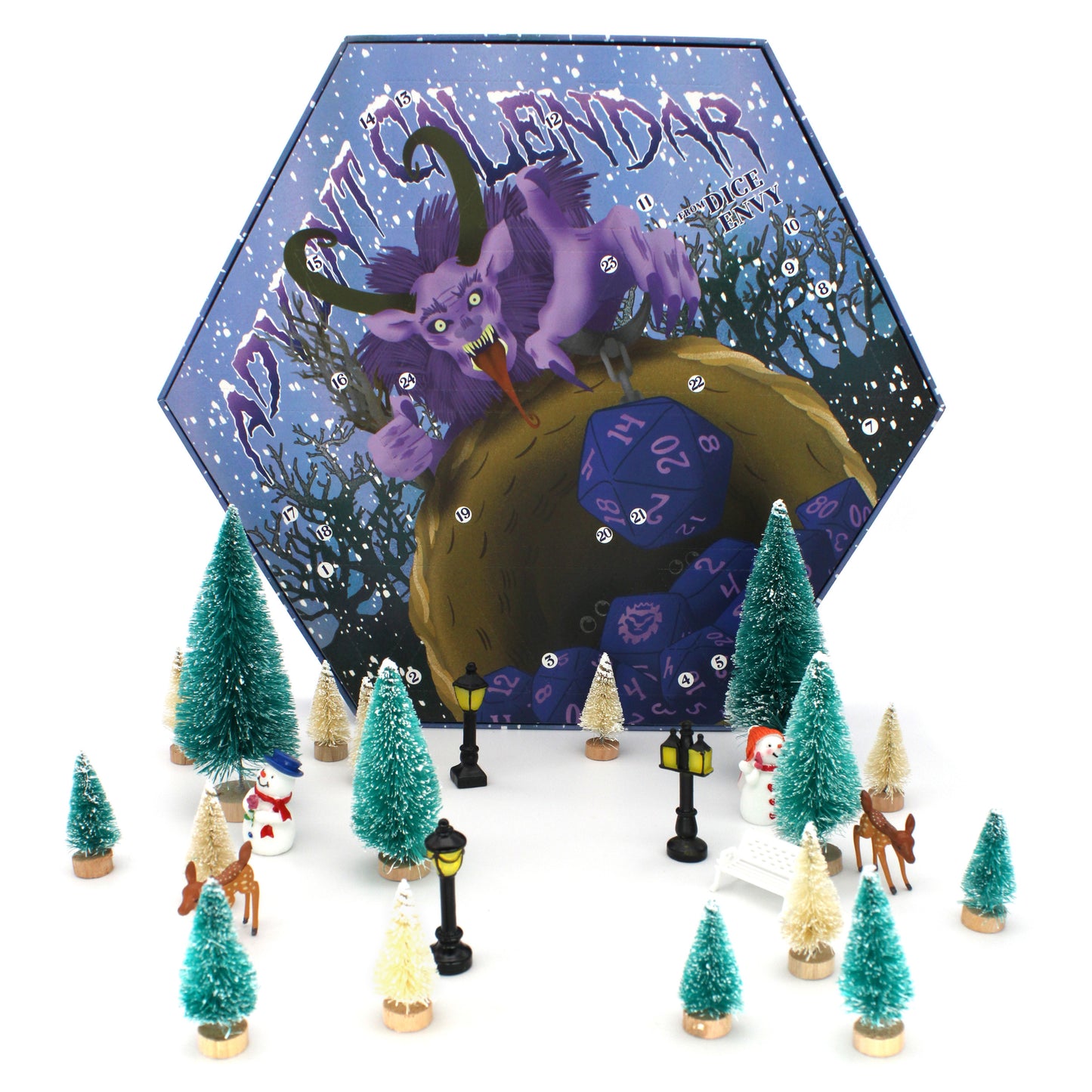 Each Dice Envy Advent Calendar is a 14" wide perforated calendar with over 30 exclusive TTRPG dice, including full sets and single dice! There are two calendar variations for 2025, and each variation contains the same dice, so if you get two they will match. The perfect gift for the dice goblin in your life! Does not include trees or snowmen.