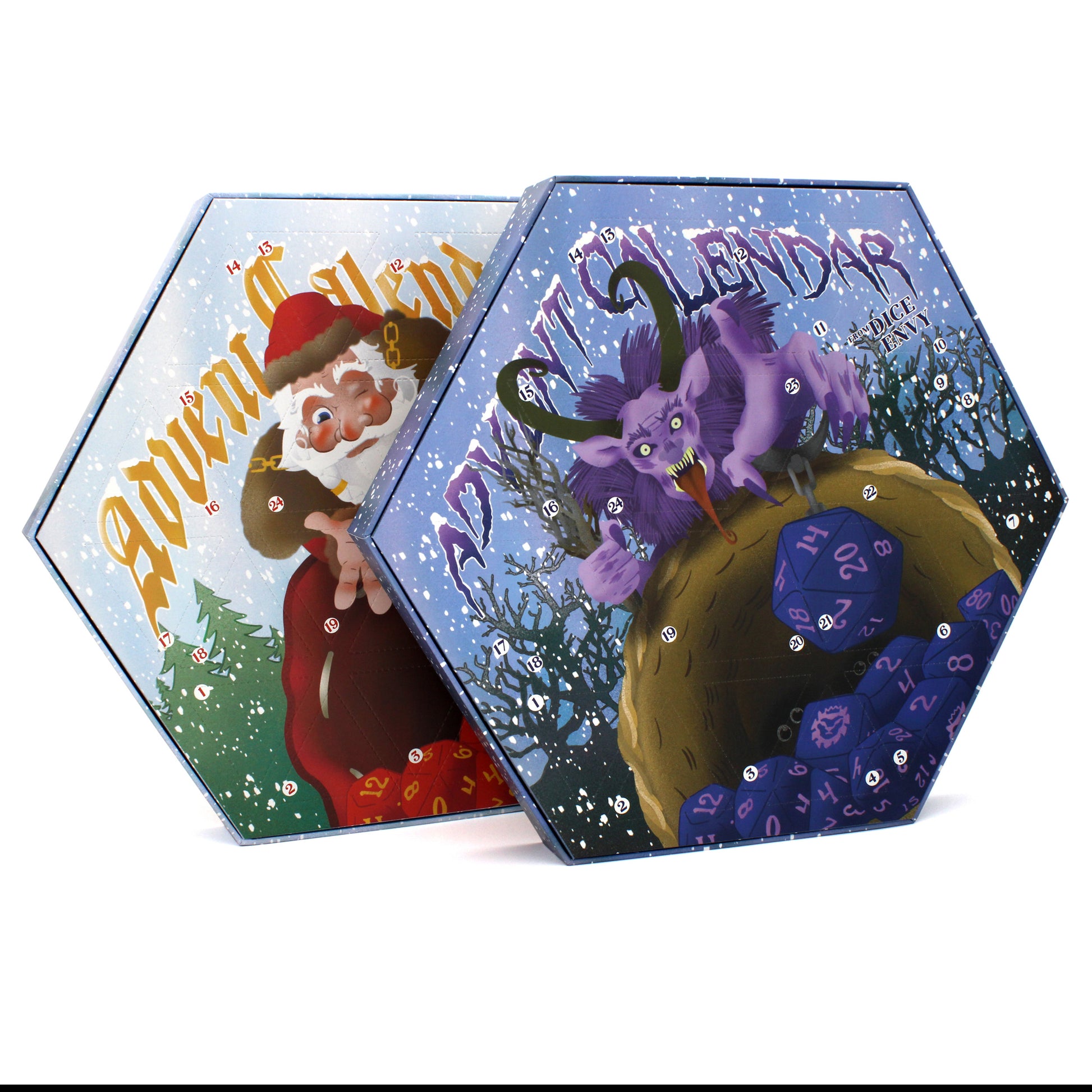 Each Dice Envy Advent Calendar is a 14" wide perforated calendar with over 30 exclusive TTRPG dice, including full sets and single dice! There are two calendar variations for 2025, and each variation contains the same dice, so if you get two they will match. The perfect gift for the dice goblin in your life! Does not include trees or snowmen.