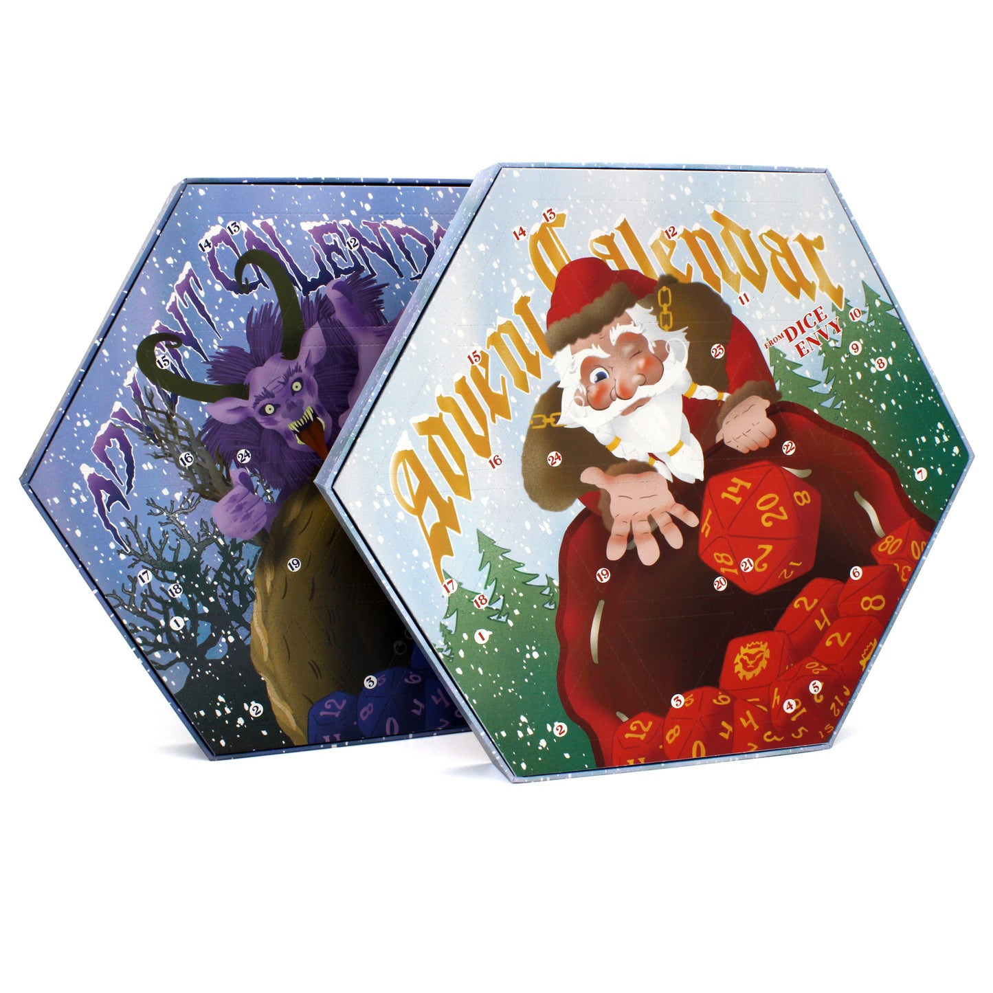 Each Dice Envy Advent Calendar is a 14" wide perforated calendar with over 30 exclusive TTRPG dice, including full sets and single dice! There are two calendar variations for 2025, and each variation contains the same dice, so if you get two they will match. The perfect gift for the dice goblin in your life! Does not include trees or snowmen.