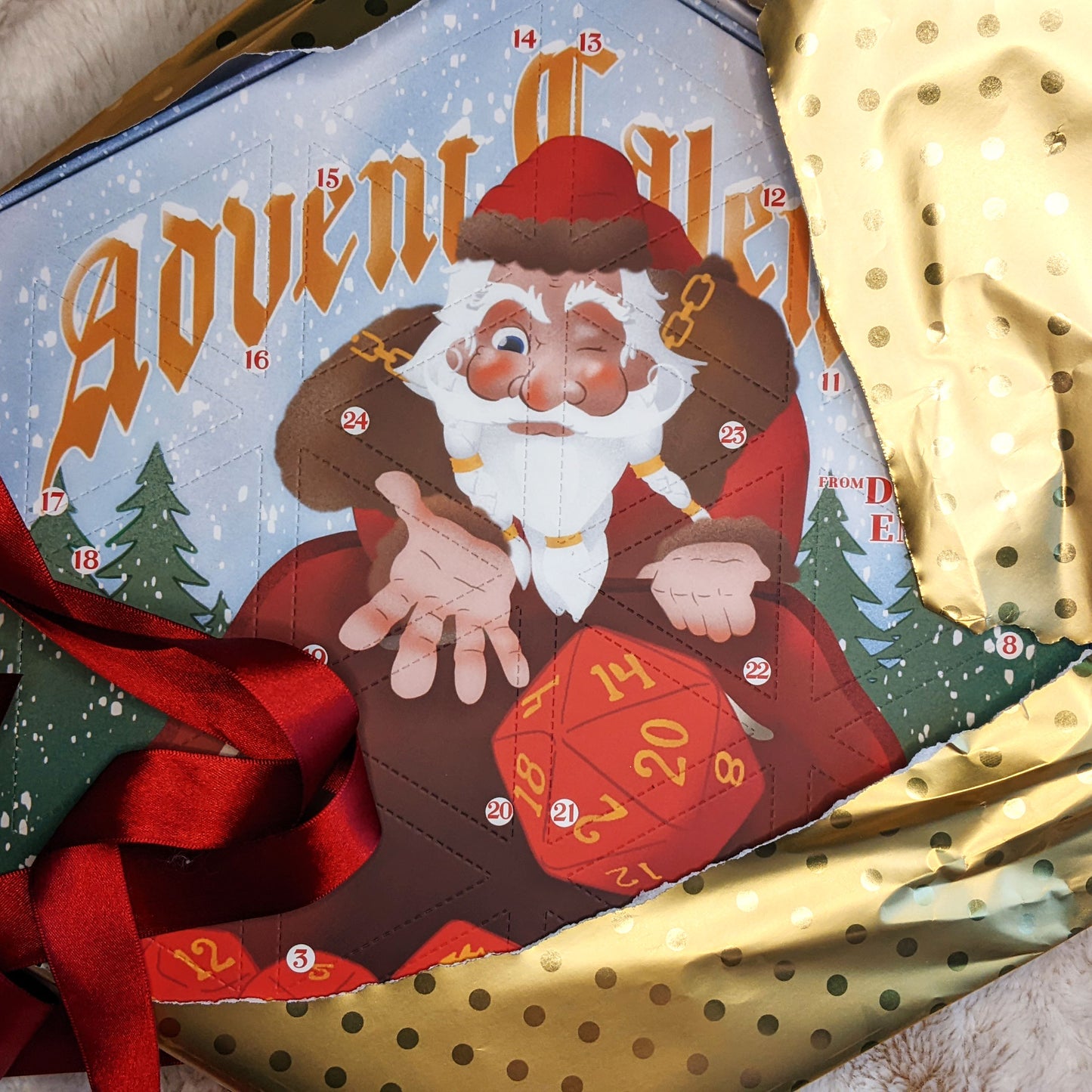 Each Dice Envy Advent Calendar is a 14" wide perforated calendar with over 30 exclusive TTRPG dice, including full sets and single dice! There are two calendar variations for 2025, and each variation contains the same dice, so if you get two they will match. The perfect gift for the dice goblin in your life! Does not include trees or snowmen.