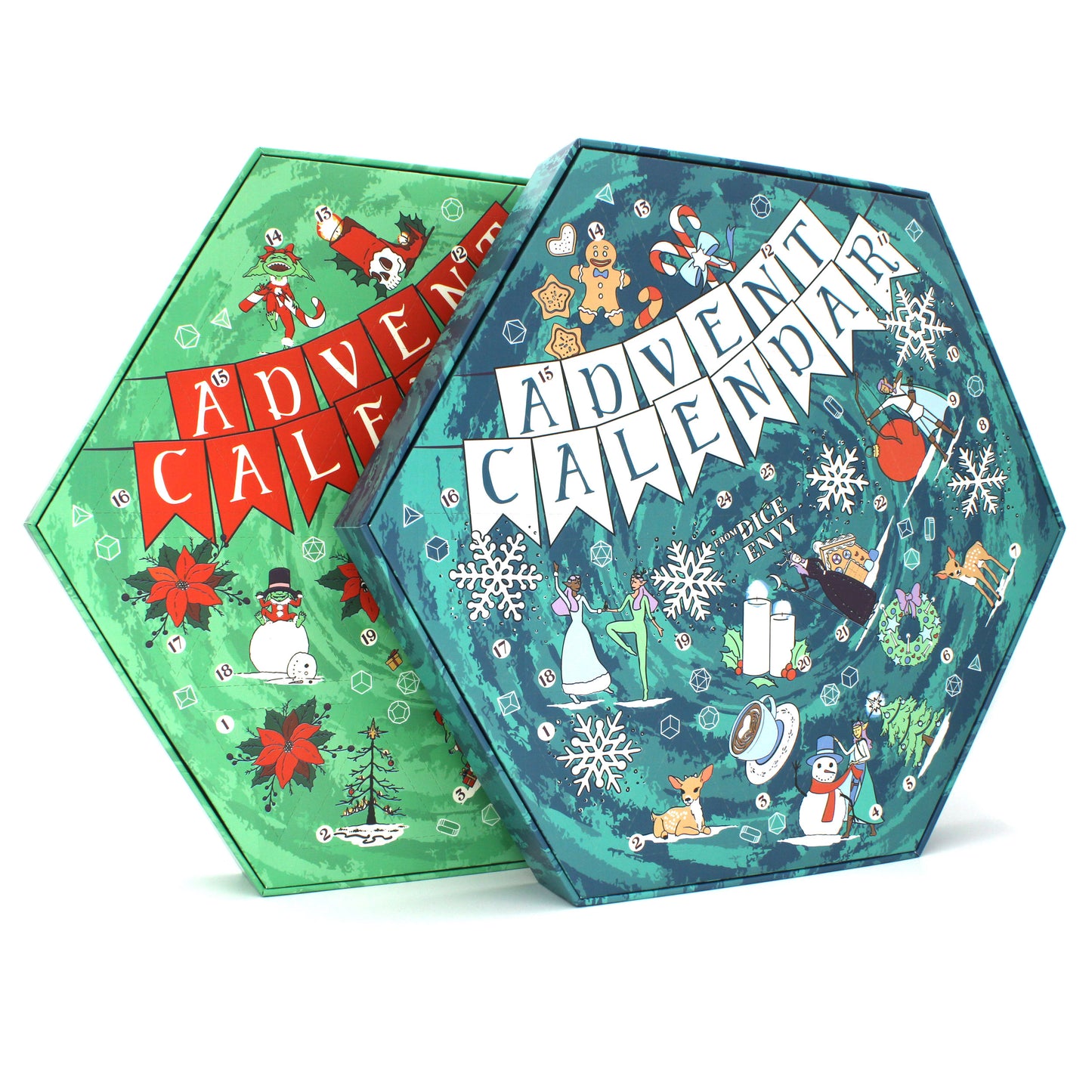 Each Dice Envy Advent Calendar is a 14" wide perforated calendar with over 30 exclusive TTRPG dice, including full sets and single dice!