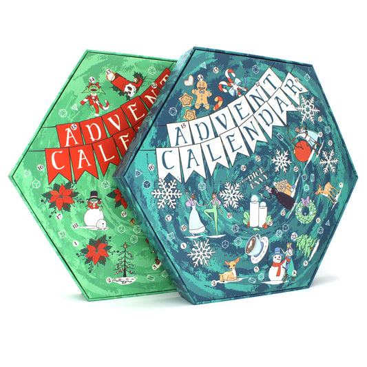 Each Dice Envy Advent Calendar is a 14" wide perforated calendar with over 30 exclusive TTRPG dice, including full sets and single dice!