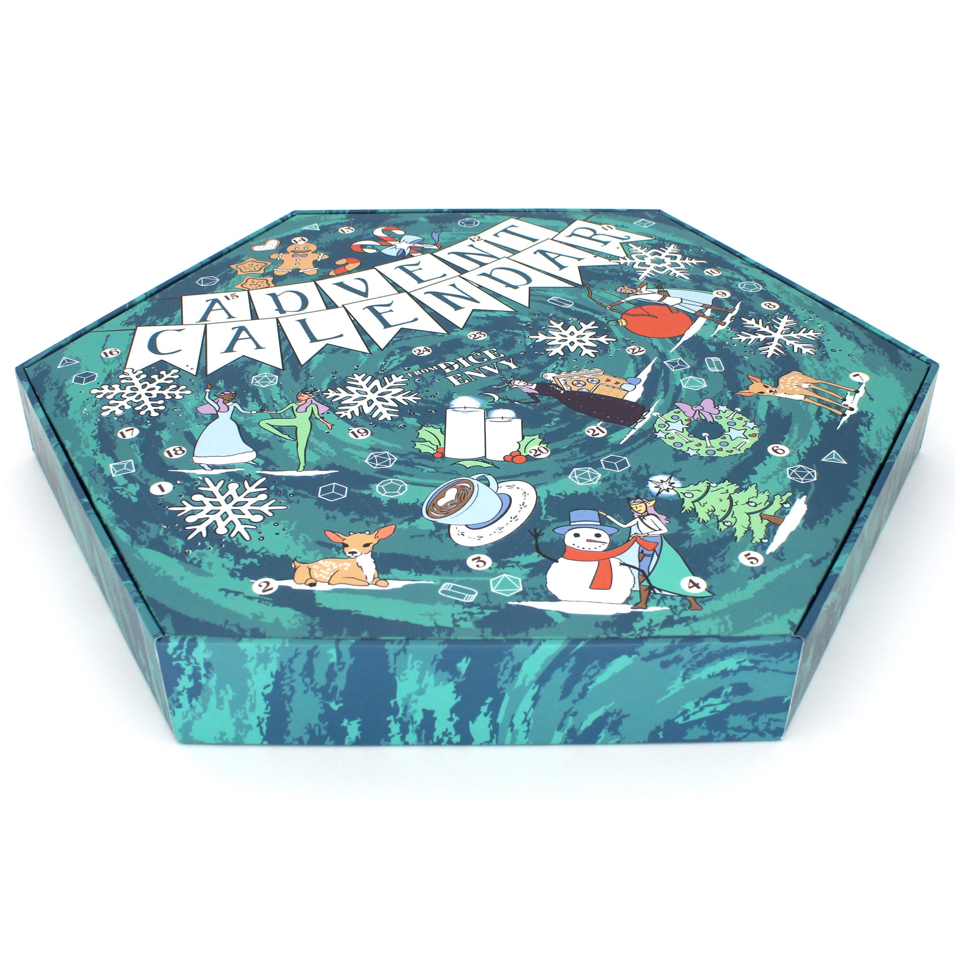 Each Dice Envy Advent Calendar is a 14" wide perforated calendar with over 30 exclusive TTRPG dice, including full sets and single dice!