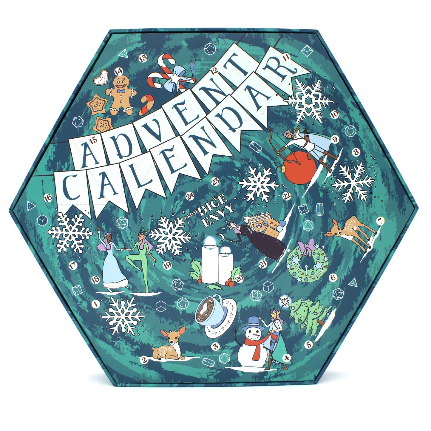 Each Dice Envy Advent Calendar is a 14" wide perforated calendar with over 30 exclusive TTRPG dice, including full sets and single dice!