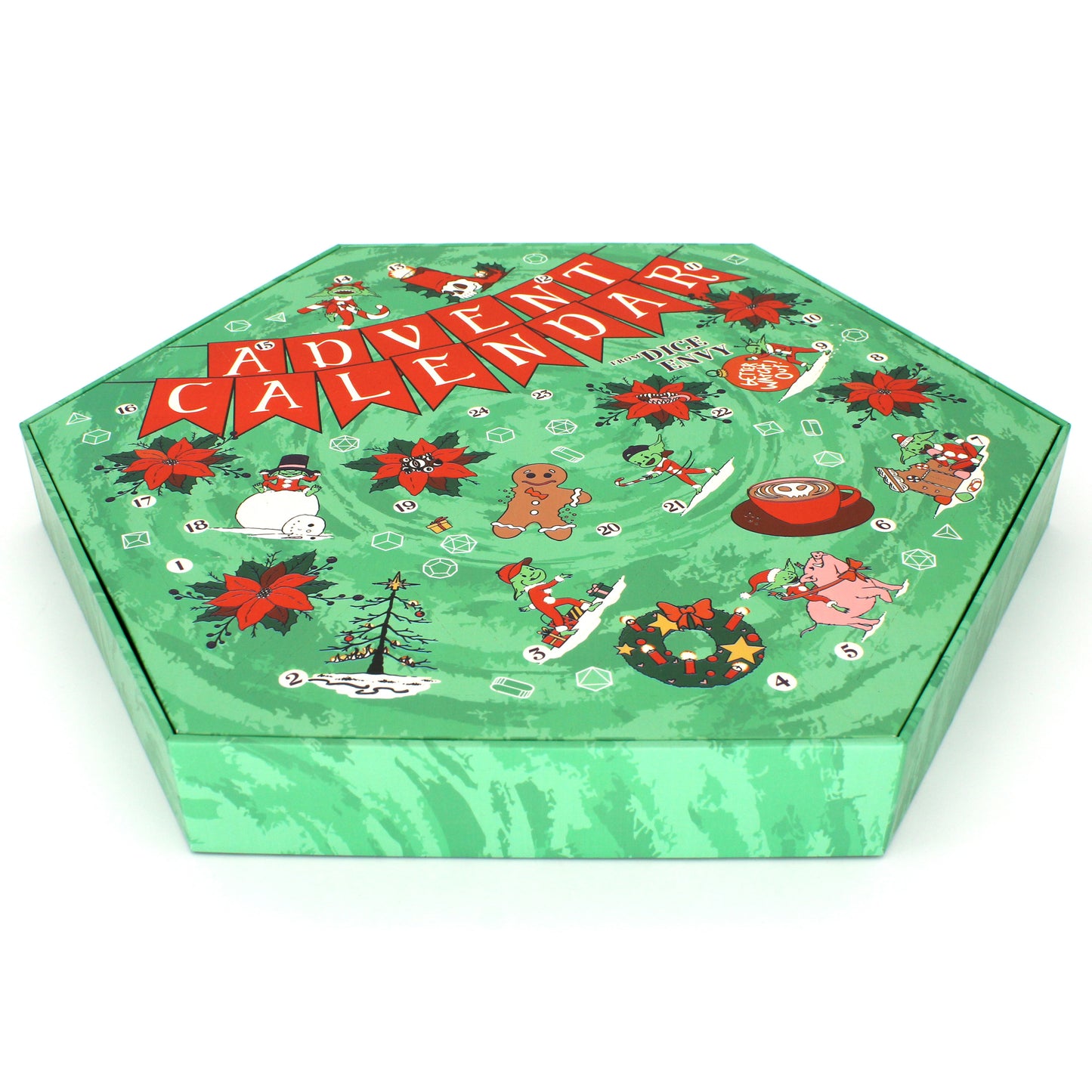 Each Dice Envy Advent Calendar is a 14" wide perforated calendar with over 30 exclusive TTRPG dice, including full sets and single dice!