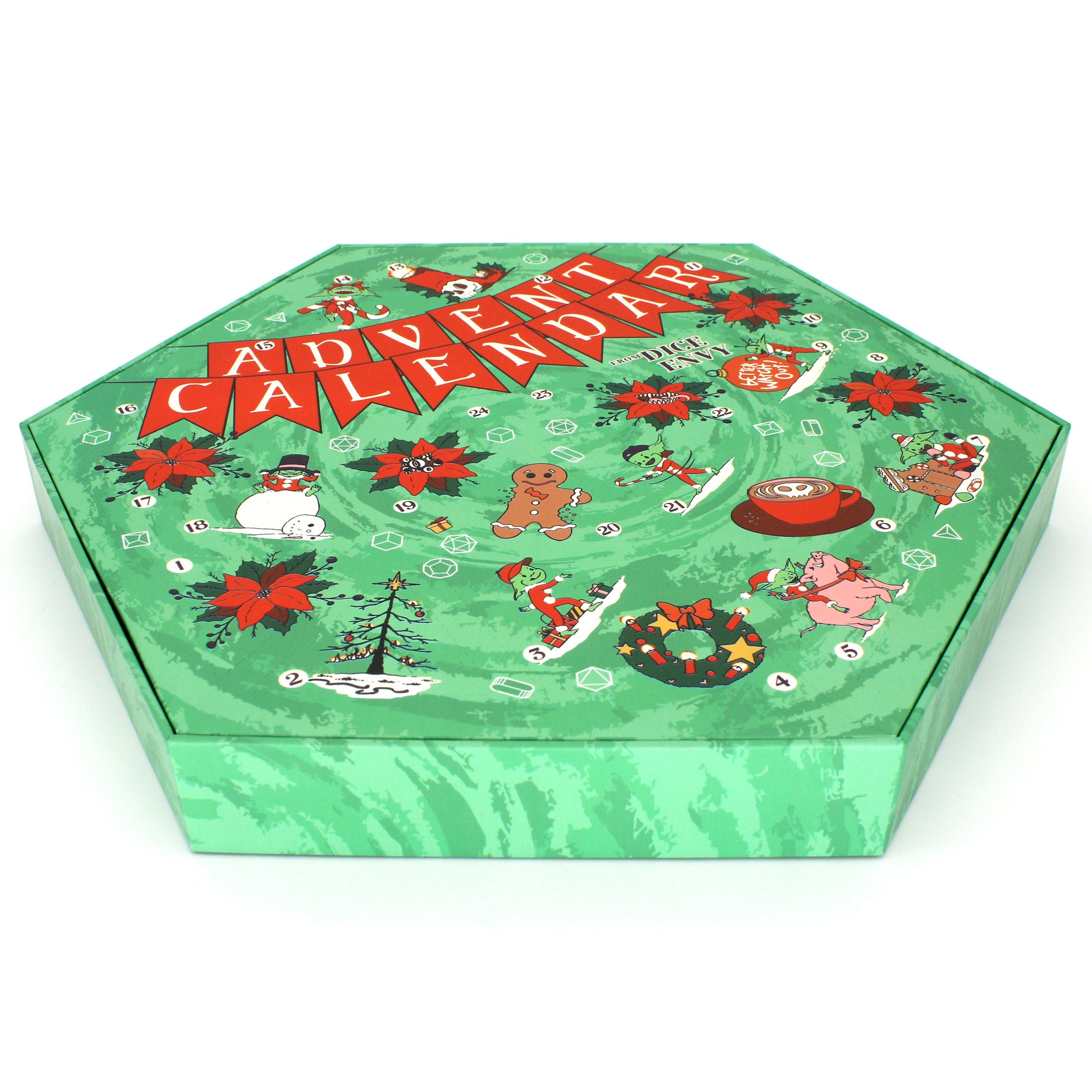 Each Dice Envy Advent Calendar is a 14" wide perforated calendar with over 30 exclusive TTRPG dice, including full sets and single dice!