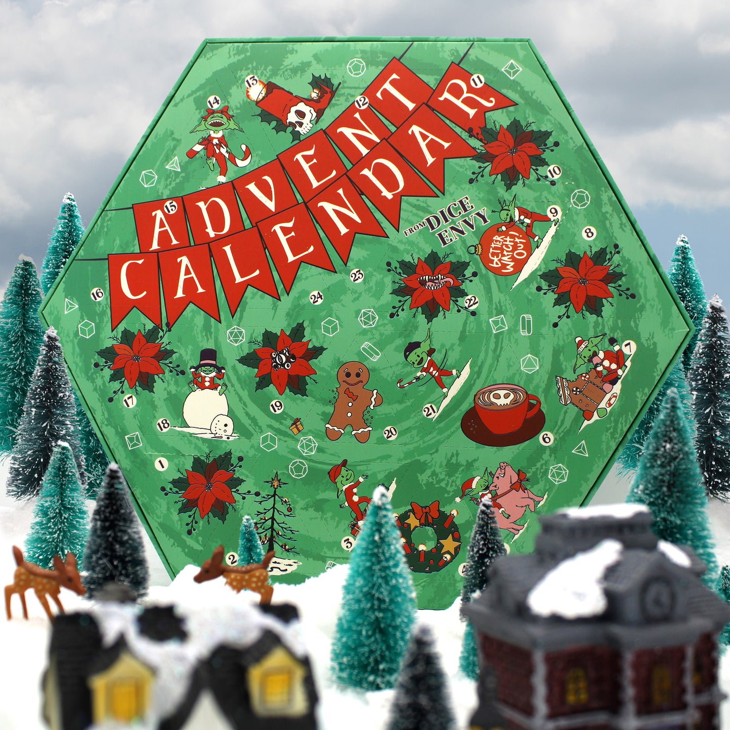 Each Dice Envy Advent Calendar is a 14" wide perforated calendar with over 30 exclusive TTRPG dice, including full sets and single dice!