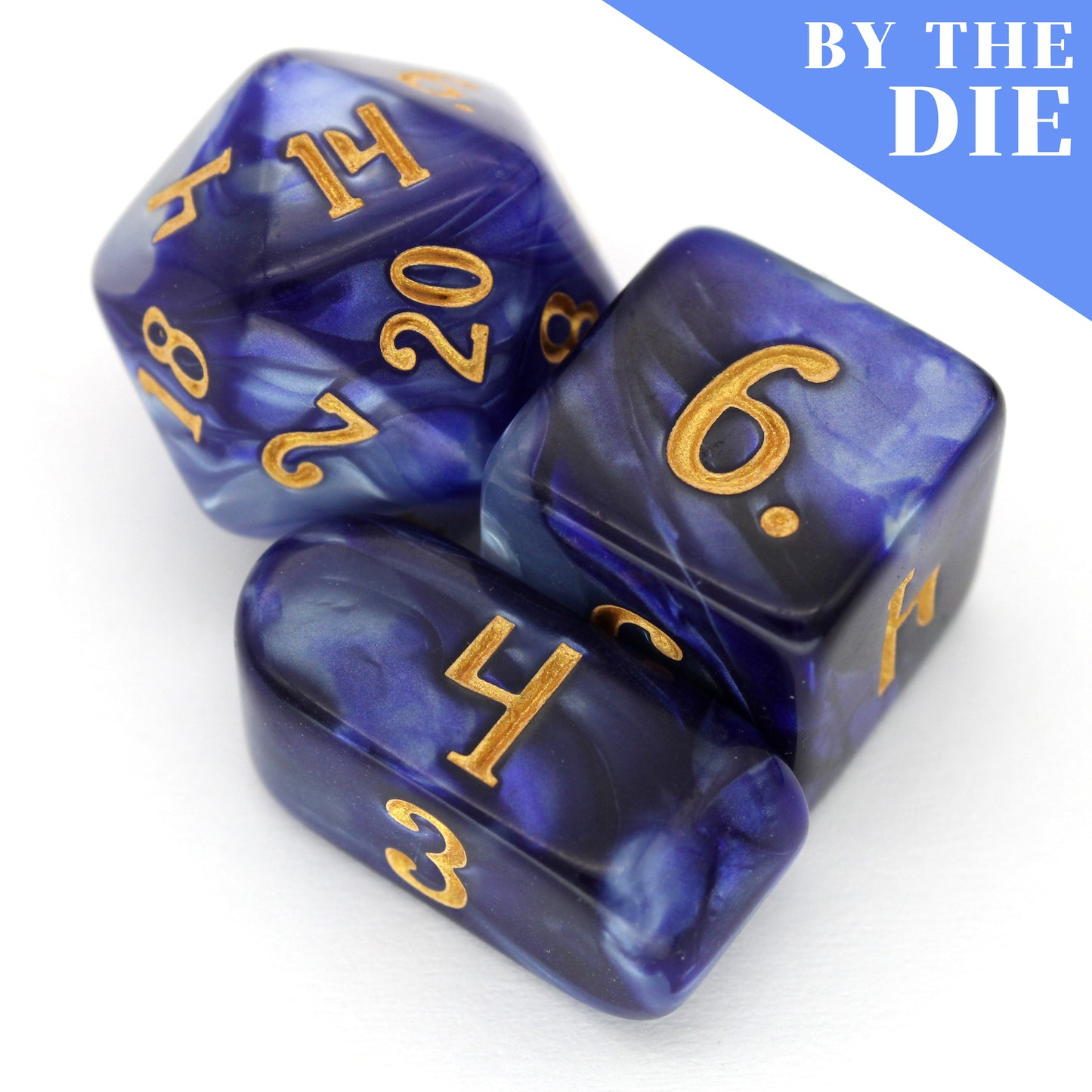 Air Apparent (by the die) individual dice come in swirled white and blue acrylic, inked in regal gold.