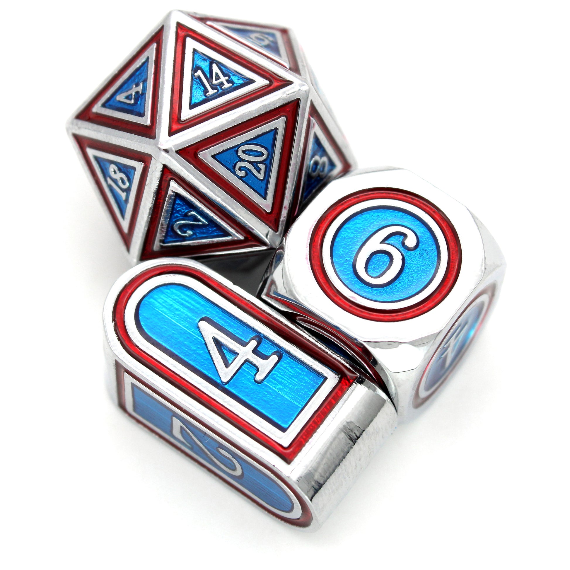 America's Ass is an 8-piece silver metal dice set with patriotic inlays of red and blue.
