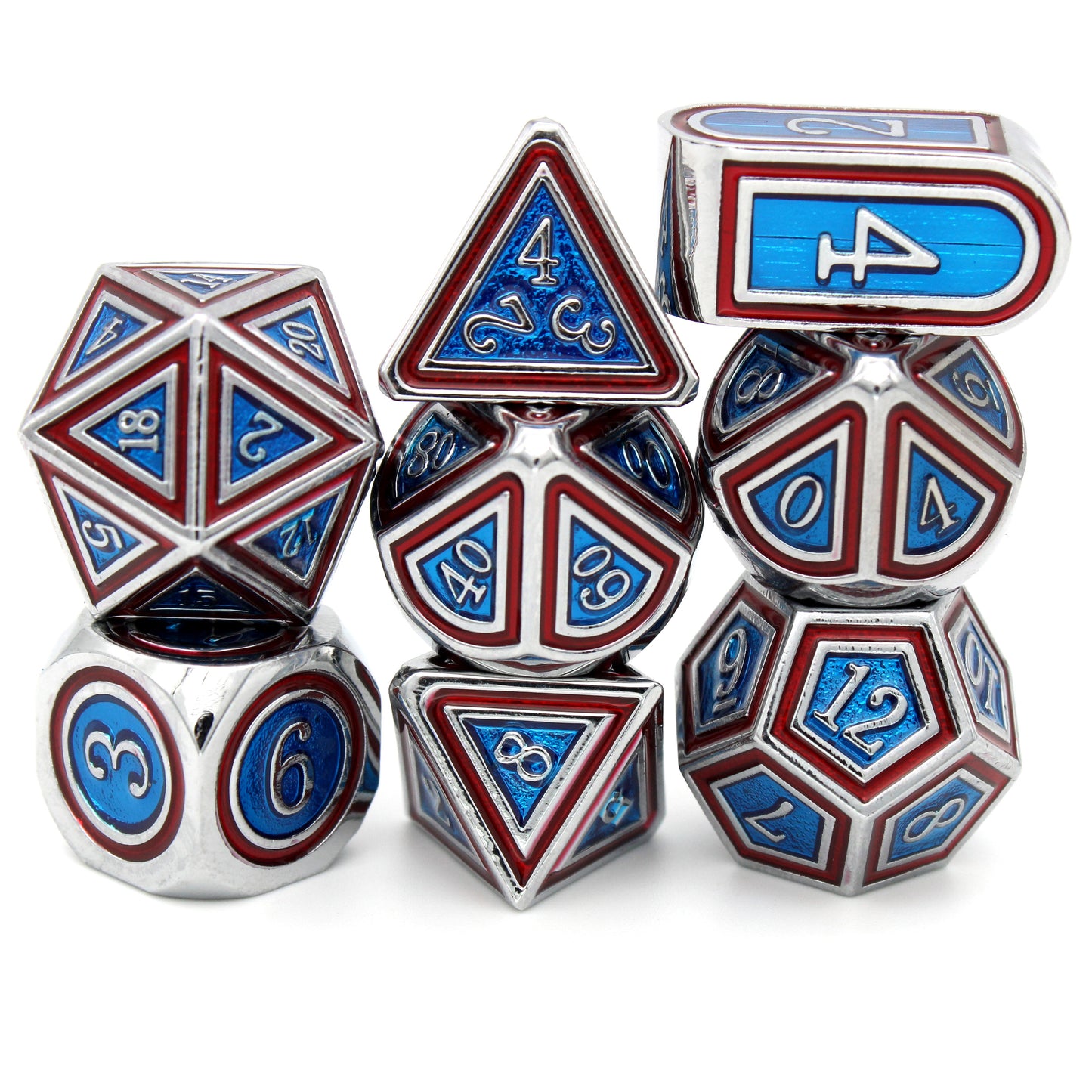 America's Ass is an 8-piece silver metal dice set with patriotic inlays of red and blue.