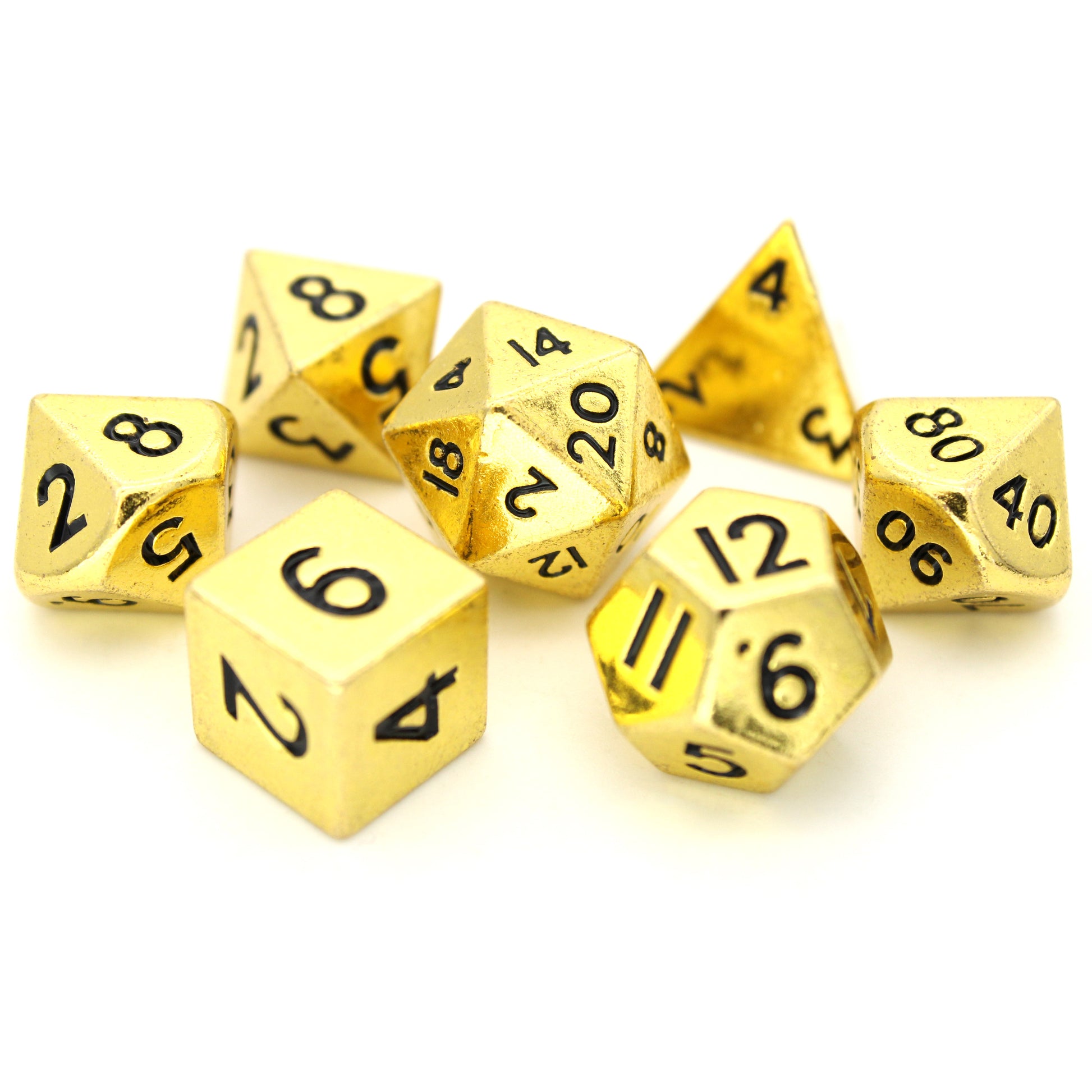 Ankle Biters is a 7-piece set of shiny gold 10mm metal dice.