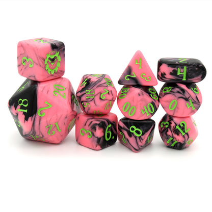 Arcade Bar is a 10-piece set of pink resin dice swirled with black and inked in neon green.