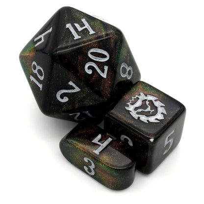 Archfeylien is a 10-piece set of acrylic dice featuring spacey, color-shifting microglitter, inked in white.