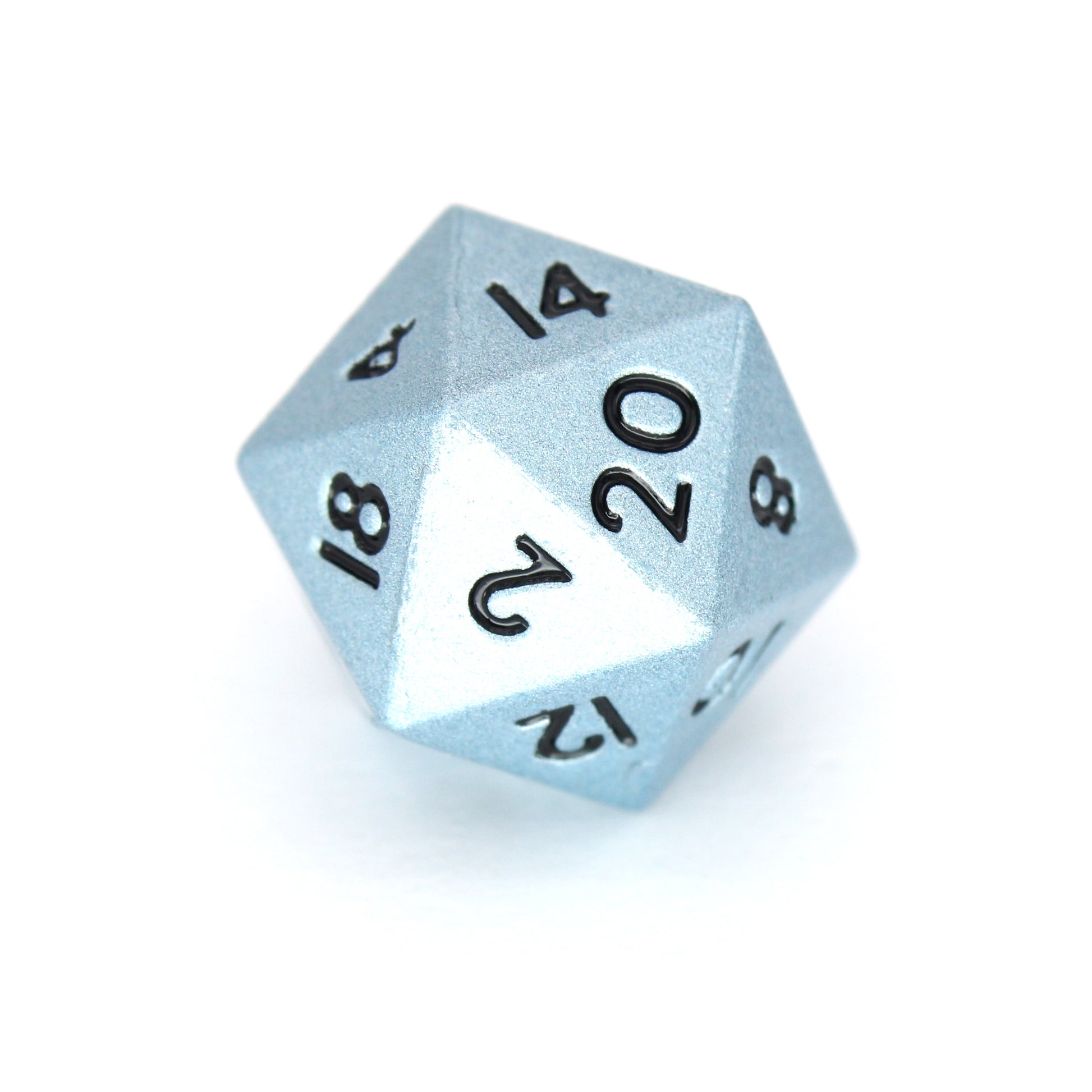 Artful Dodgers is a 7-piece set of shimmering, sky-blue colored 10mm metal dice.