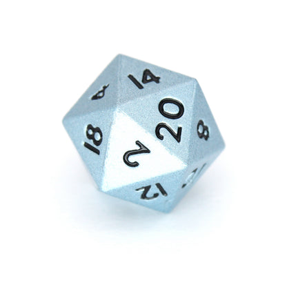 Artful Dodgers is a 7-piece set of shimmering, sky-blue colored 10mm metal dice.