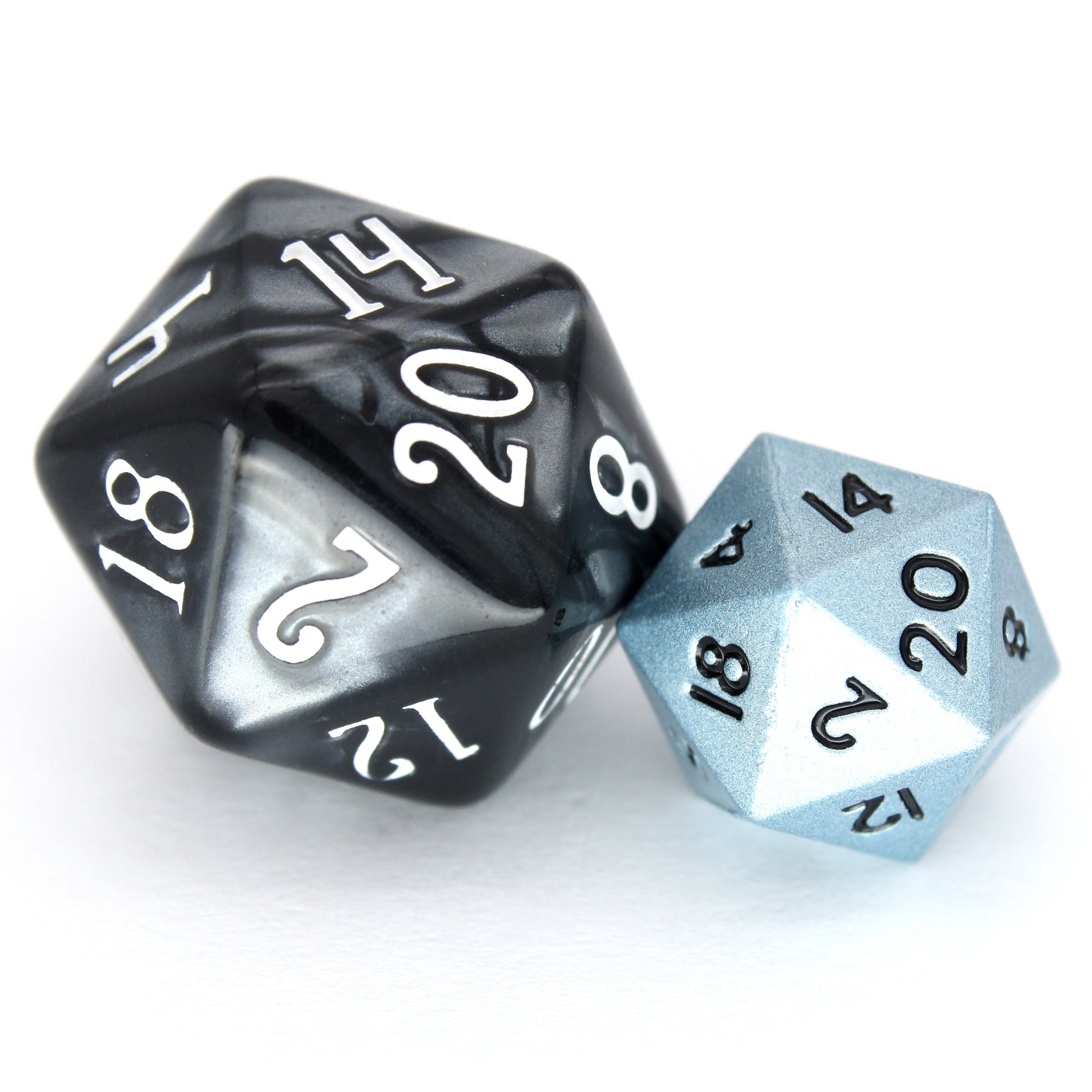 Artful Dodgers is a 7-piece set of shimmering, sky-blue colored 10mm metal dice.