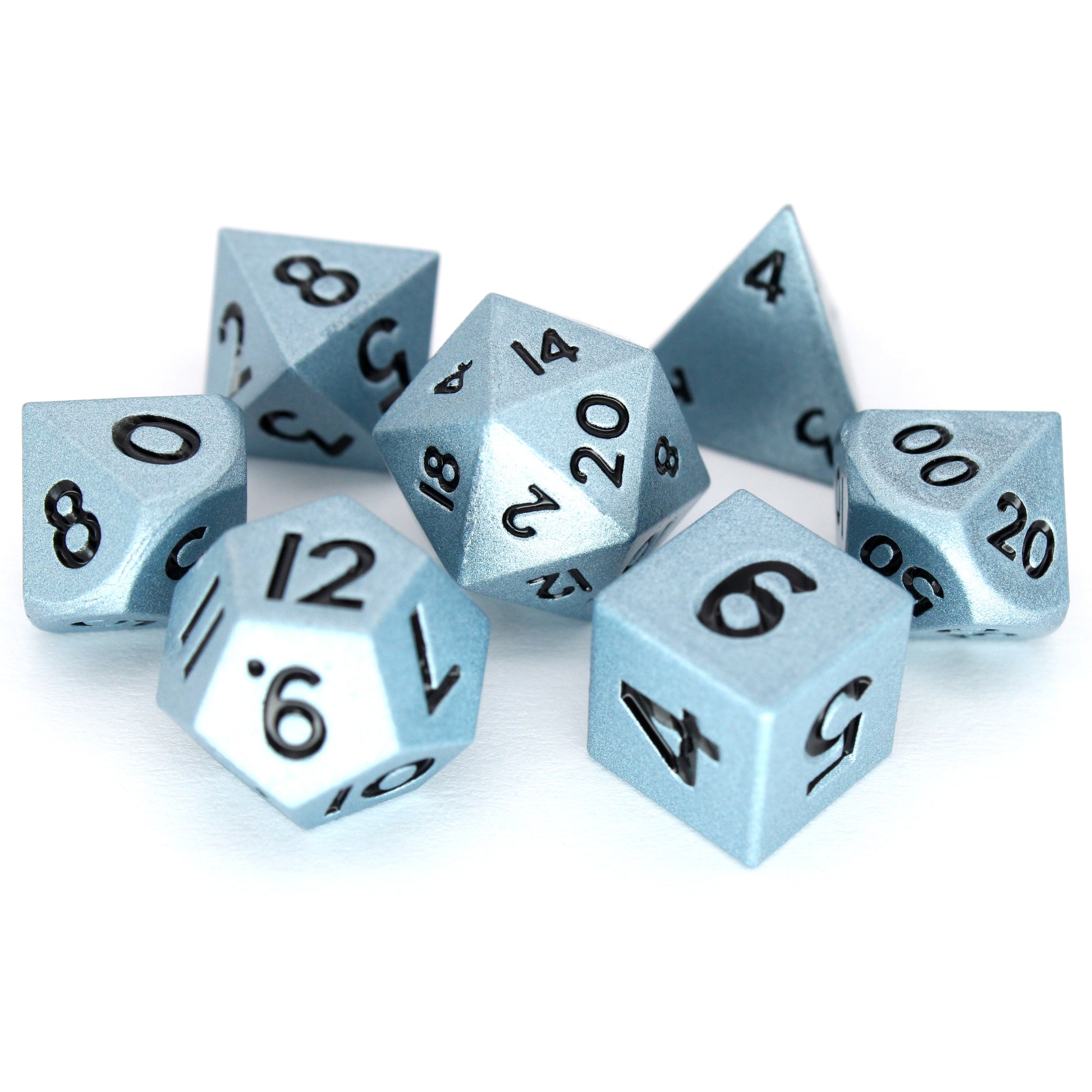 Artful Dodgers is a 7-piece set of shimmering, sky-blue colored 10mm metal dice.
