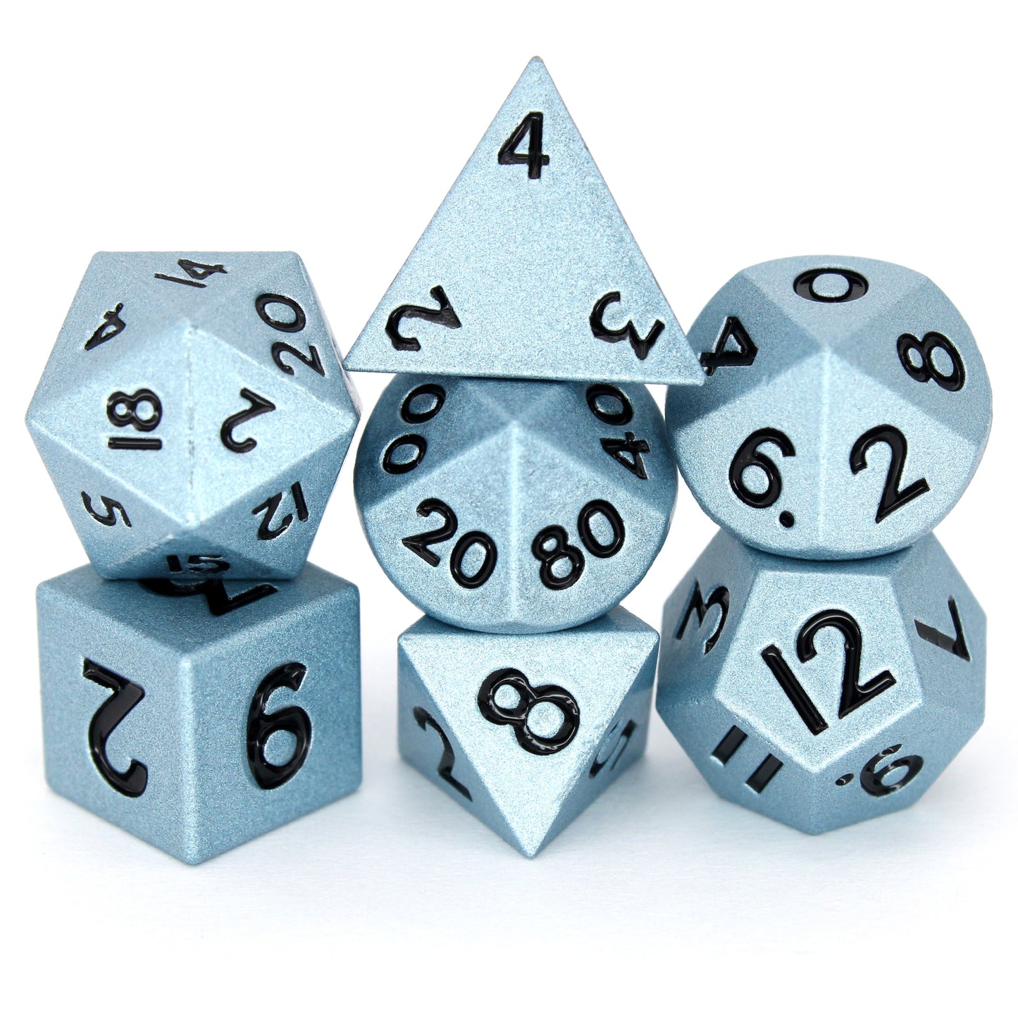 Artful Dodgers is a 7-piece set of shimmering, sky-blue colored 10mm metal dice.