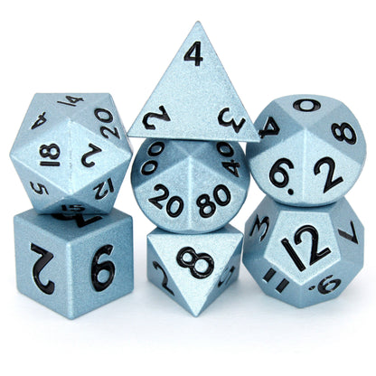 Artful Dodgers is a 7-piece set of shimmering, sky-blue colored 10mm metal dice.