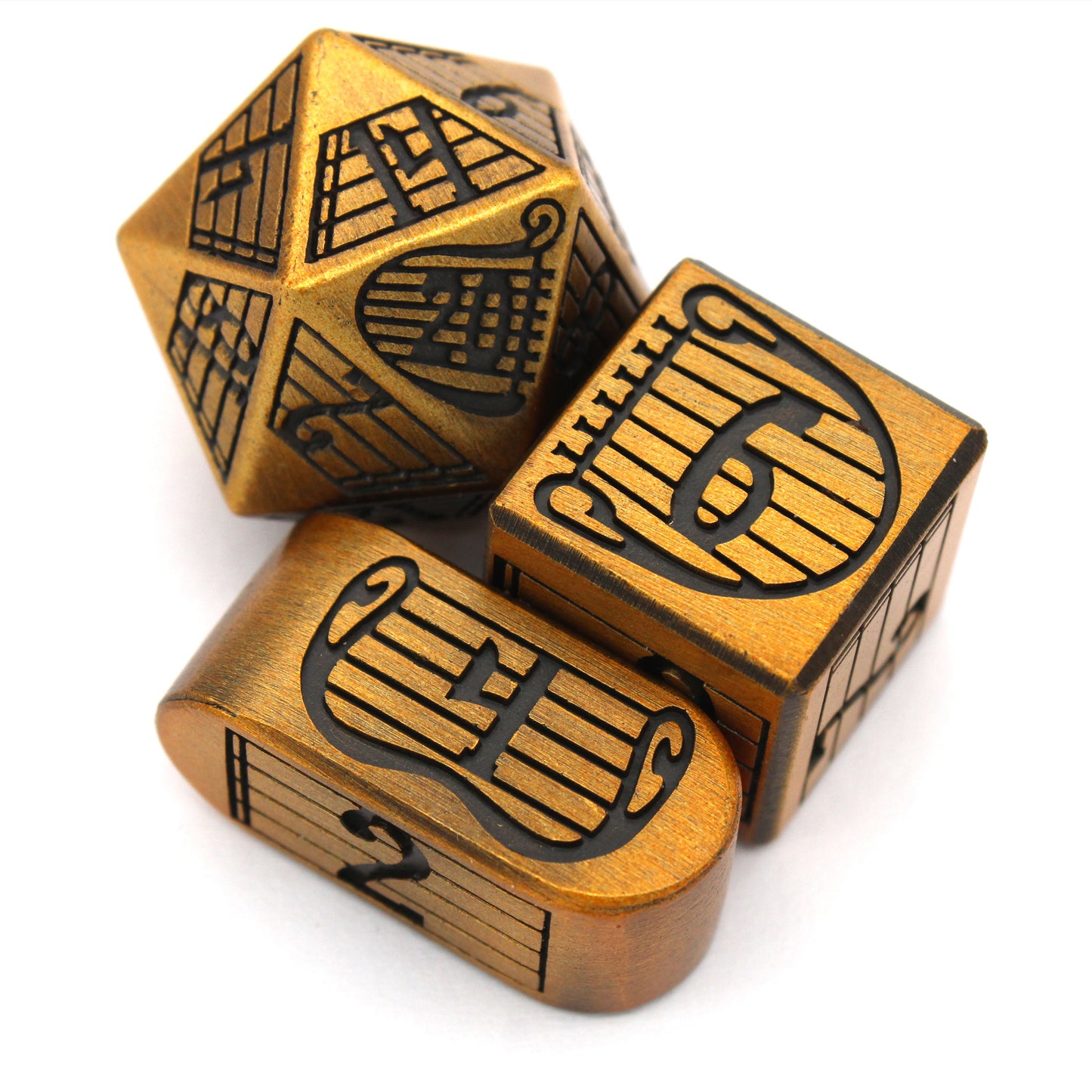 Bardcore is an 8-piece Dice Envy Original brass colored metal set modeled after our popular Song of Rest dice. Perfect for bards!