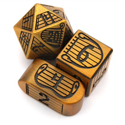 Bardcore is an 8-piece Dice Envy Original brass colored metal set modeled after our popular Song of Rest dice. Perfect for bards!