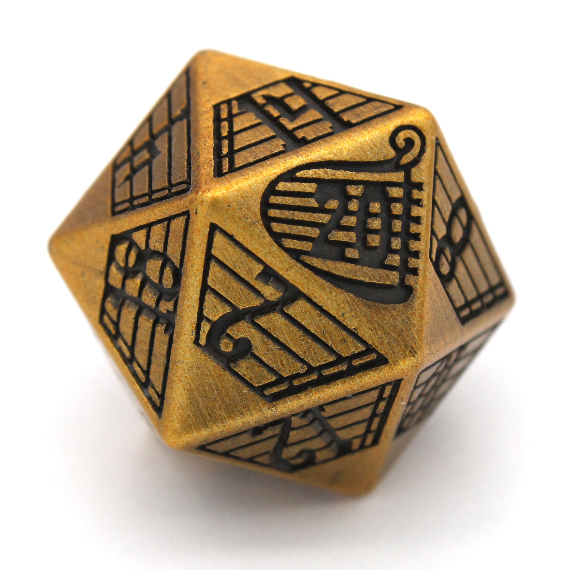 Bardcore is an 8-piece Dice Envy Original brass colored metal set modeled after our popular Song of Rest dice. Perfect for bards!