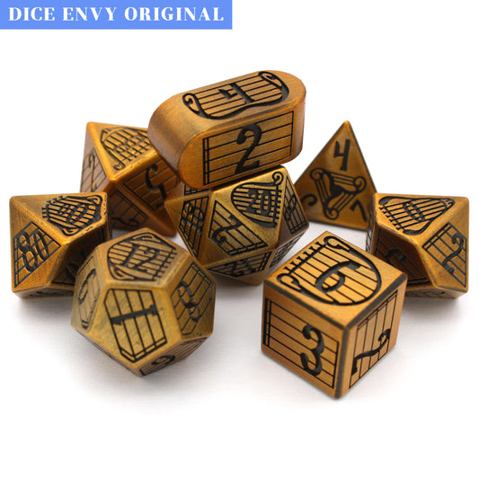 Bardcore is an 8-piece Dice Envy Original brass colored metal set modeled after our popular Song of Rest dice. Perfect for bards!