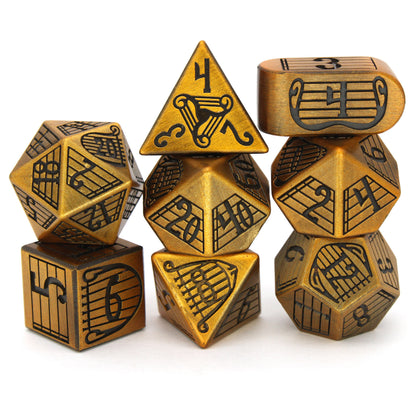 Bardcore is an 8-piece Dice Envy Original brass colored metal set modeled after our popular Song of Rest dice. Perfect for bards!