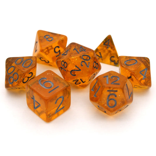 Bits-O-Honey is a 7-piece, 13mm polymer set of transparent amber resin dice, shimmering with silvery glitter and inked in dark grey. It belongs to our tiny but mighty Wee Lads collection. Standard d20 pictured for scale.